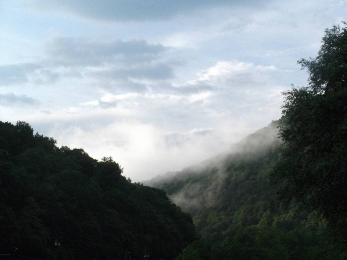 Misty mountains with lush greenery and a cloudy sky.