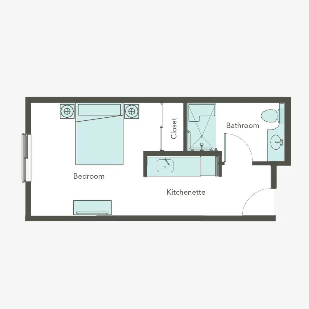 A simple floor plan showing a single-bedroom apartment with a bathroom and kitchenette.