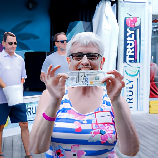 A woman with glasses is smiling and holding a dollar bill at an outdoor event.