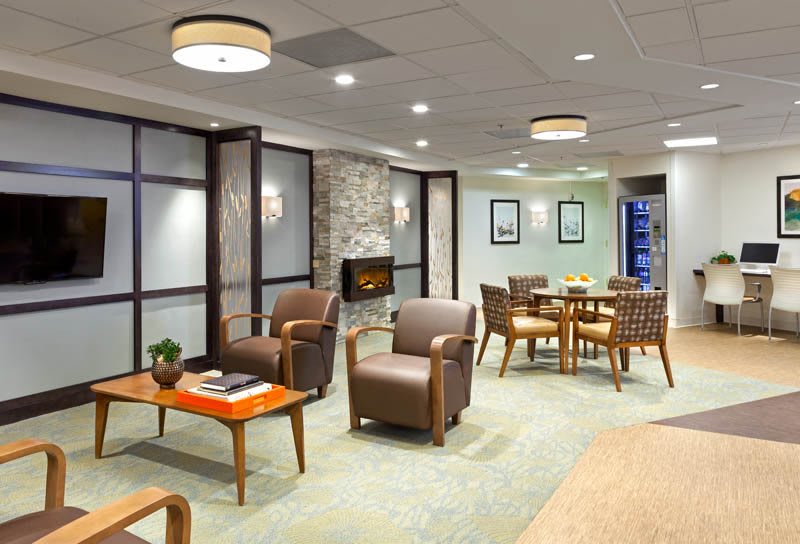 A modern lounge area with comfortable seating and stylish decor.