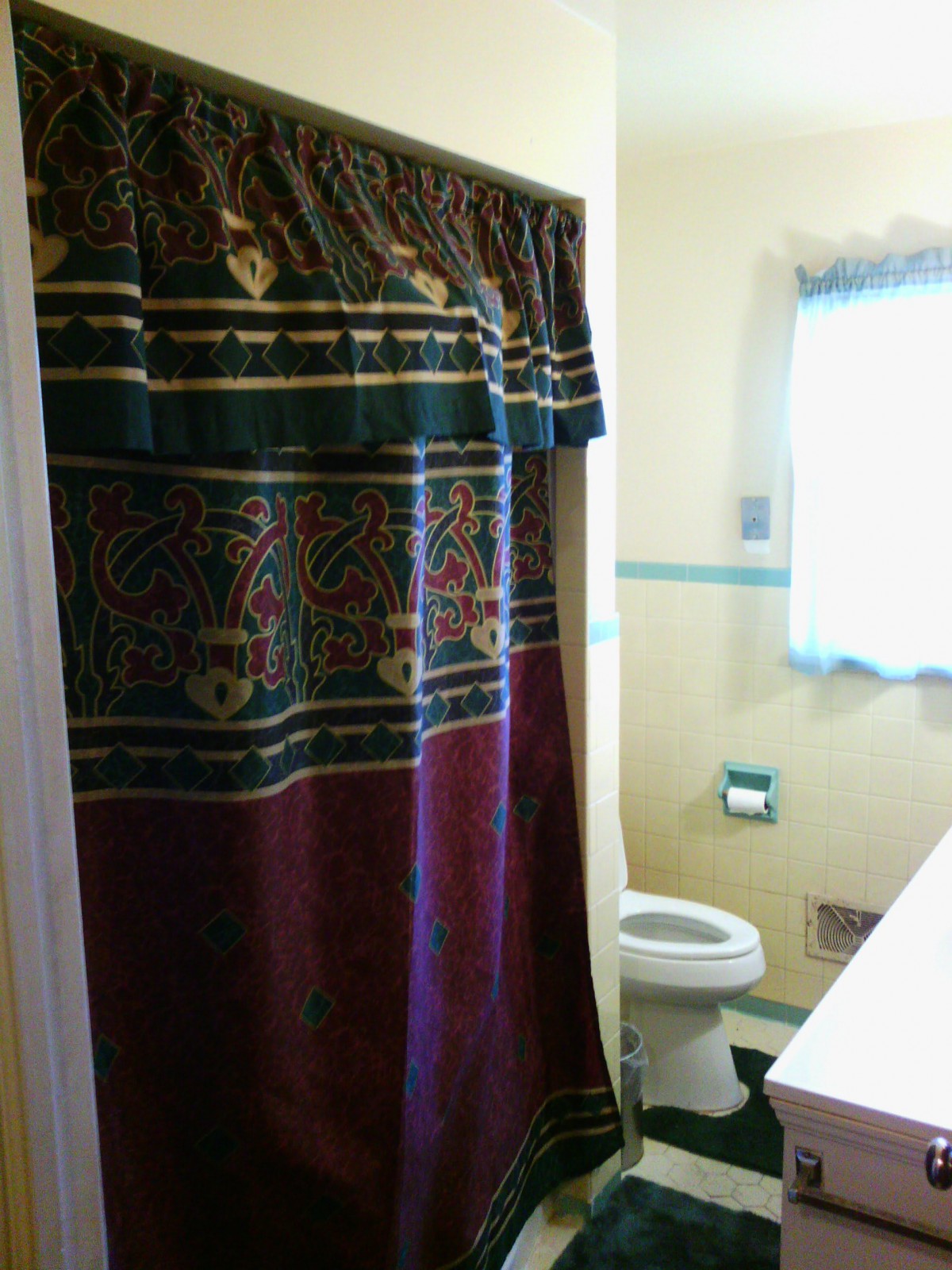 A bathroom with a patterned shower curtain and a small window.