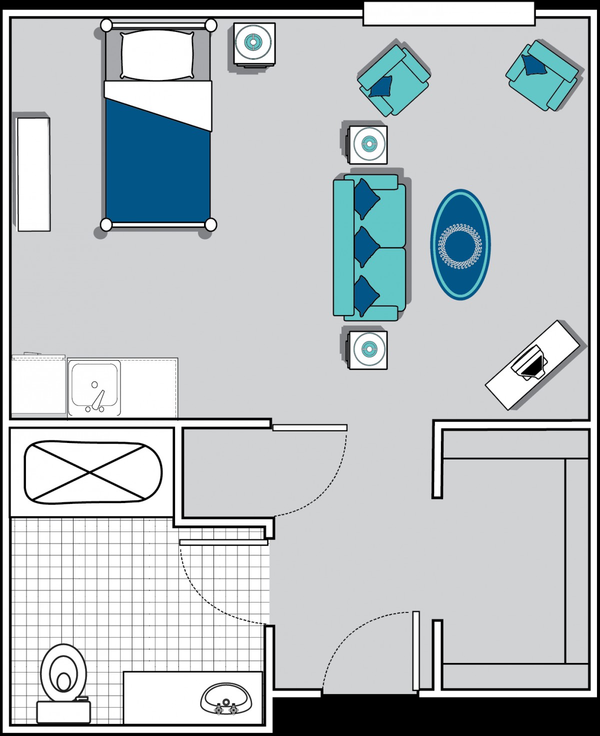A detailed floor plan of an apartment showing the layout of a bedroom, bathroom, and living area with furniture.