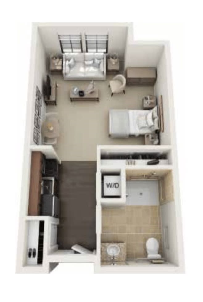 A detailed floor plan of a compact studio apartment with designated areas for living, sleeping, and cooking.
