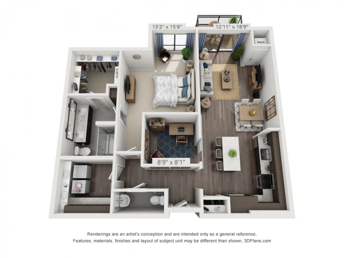 A 3D rendering of a one-bedroom apartment floor plan featuring an open-concept living area, kitchen, and bathroom.