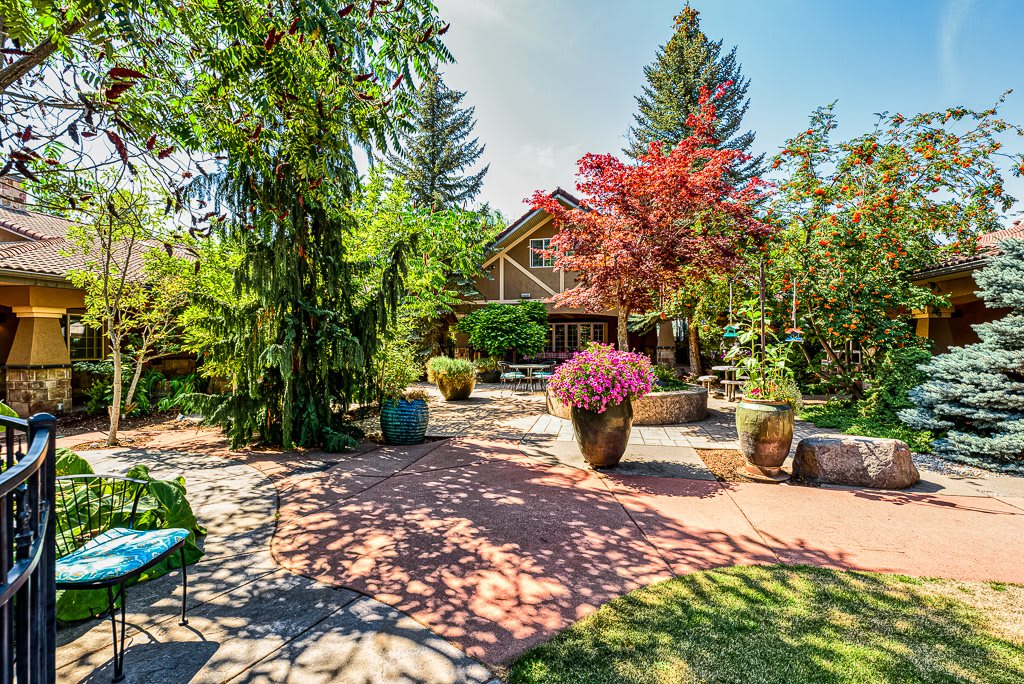 A beautifully landscaped garden with various plants and trees surrounding a quaint patio area.