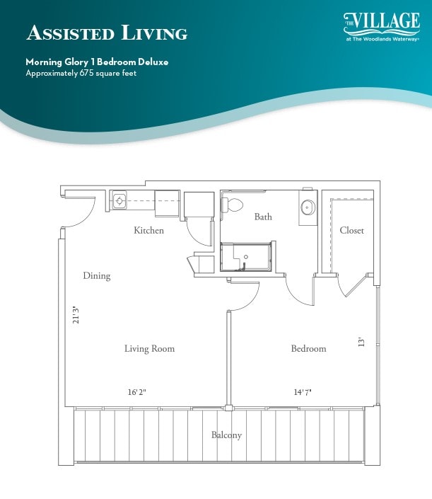 Floor plan of a one-bedroom deluxe assisted living apartment.