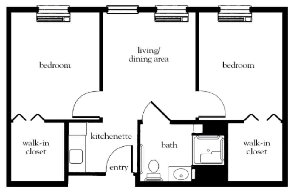 A simple floor plan of an apartment with two bedrooms, a living/dining area, kitchenette, and bathroom.