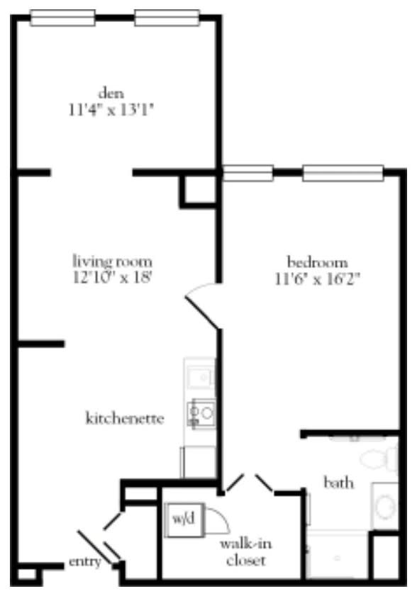 A one-bedroom apartment floor plan featuring a living room, kitchen, den, and bathroom.