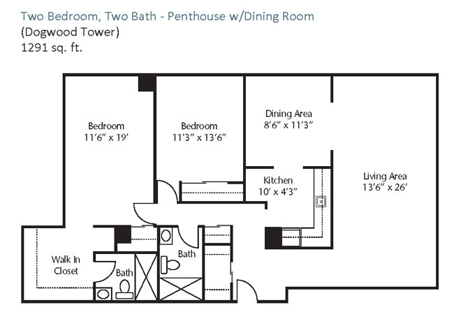 Floor plan of a two-bedroom, two-bath penthouse apartment with dining and living areas.