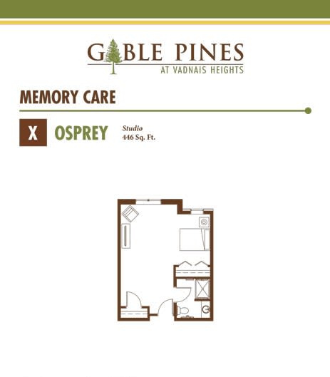 Floor plan for the Osprey studio apartment in the memory care section of Gable Pines.