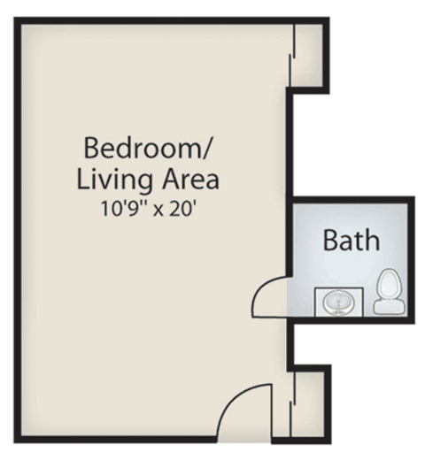Studio apartment floor plan with combined bedroom/living area and a bathroom.
