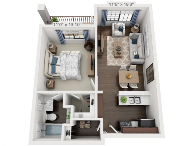 A 3D floor plan of a one-bedroom apartment with a living room, kitchen, bathroom, and balcony.