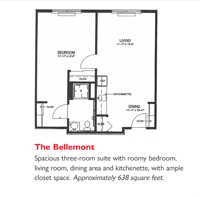 The Belmont apartment floor plan featuring two roomy bedrooms, a living room, dining area, kitchenette, and ample closet space, approximately 638 square feet.