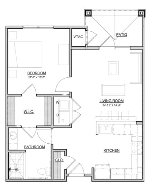A detailed floor plan of a one-bedroom apartment, featuring a living room, kitchen, bathroom, and balcony.