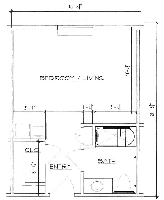 A detailed floor plan showing the layout and dimensions of a living/bedroom area with an entry and bathroom.