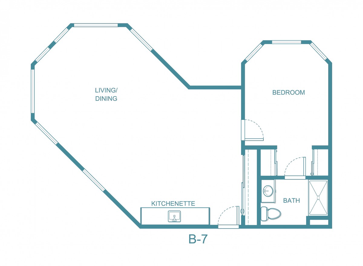 A blueprint of an apartment layout showing a living/dining area, kitchen, bedroom, and bathroom.