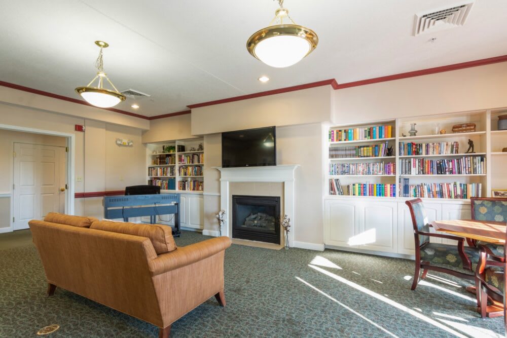 A cozy living room with a fireplace, television, and bookshelves.
