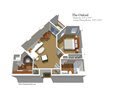 3D floor plan of a one-bedroom apartment layout.