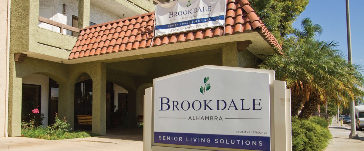 Entrance sign for Brookdale Alhambra Senior Living Solutions.
