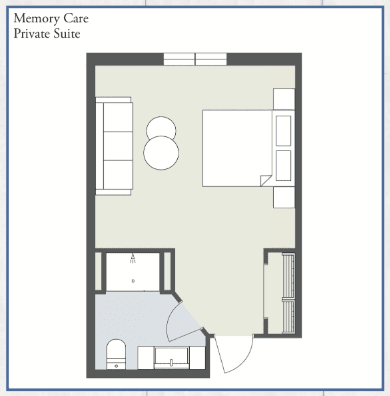 Floor plan of a memory care private suite, showing room layout and furnishings.