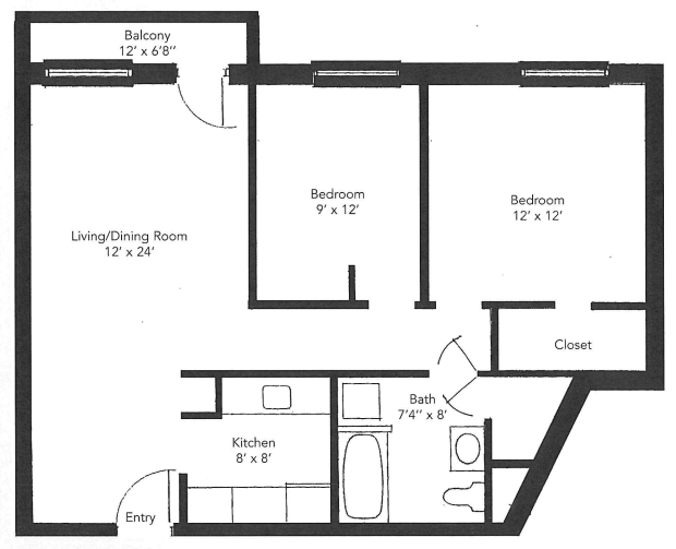 A floor plan of a two-bedroom apartment with a living/dining area, kitchen, bathroom, and balcony.