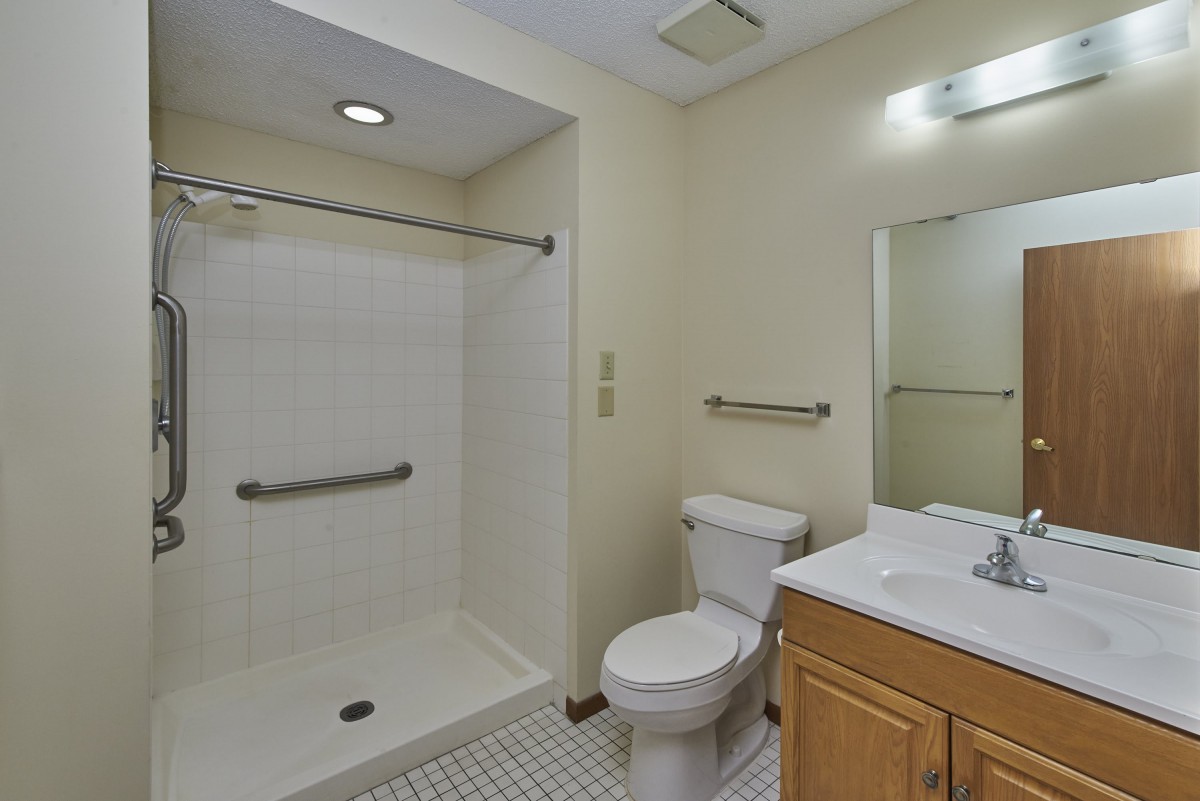 A bathroom featuring a walk-in shower with handrails, a toilet, and a sink with a mirror above.