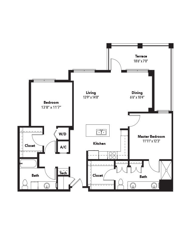 A floor plan of a two-bedroom apartment with living and dining areas, kitchen, and terrace.