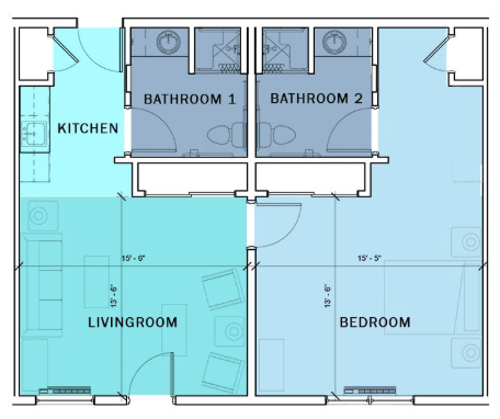 A floor plan of an apartment featuring a kitchen, living room, bedroom, and two bathrooms.