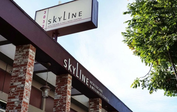 Exterior view of Skyline restaurant with prominent signage.
