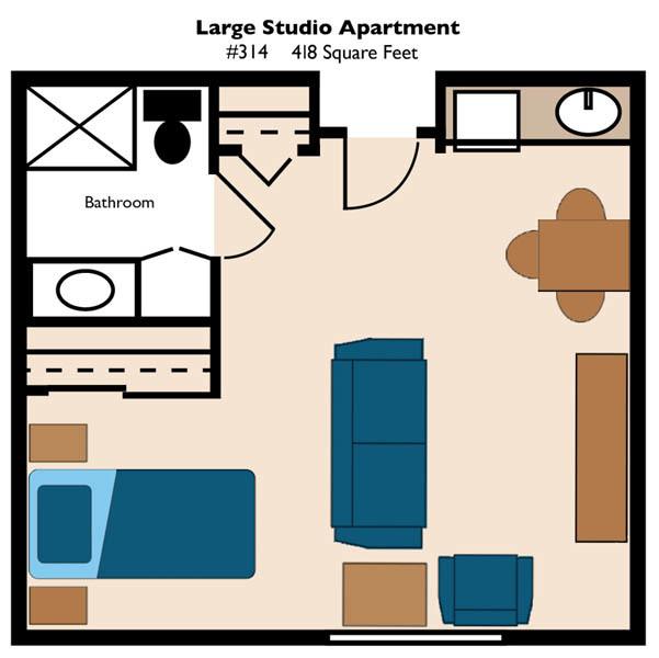 A floor plan of a large studio apartment featuring a compact living space with designated areas for the bed, seating, and kitchen.