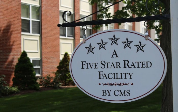Sign indicating a five-star rated facility by CMS in front of a building.
