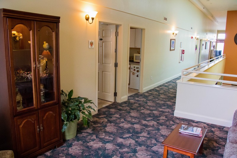 A well-lit hallway with floral carpeting and decorative elements.