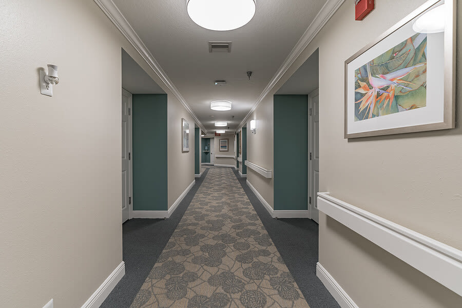 A well-lit hallway with patterned carpet and artwork on the walls.