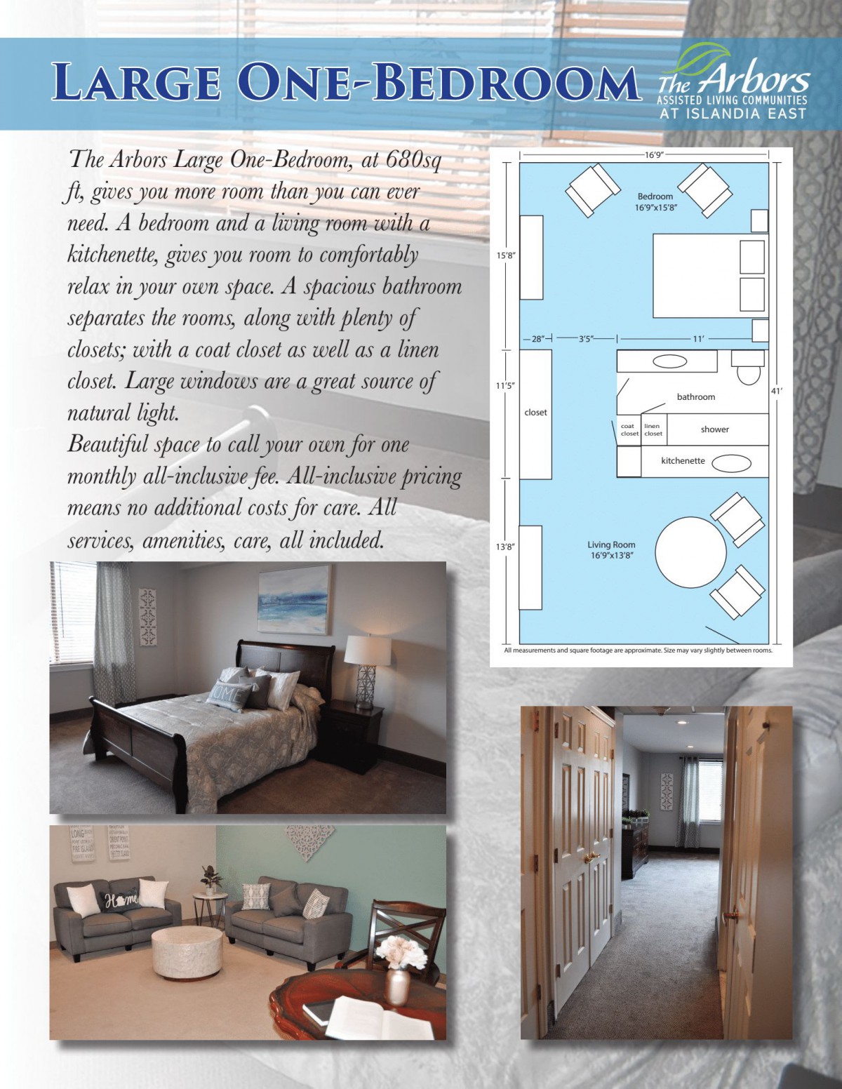 One-bedroom apartment layout and interior design details.
