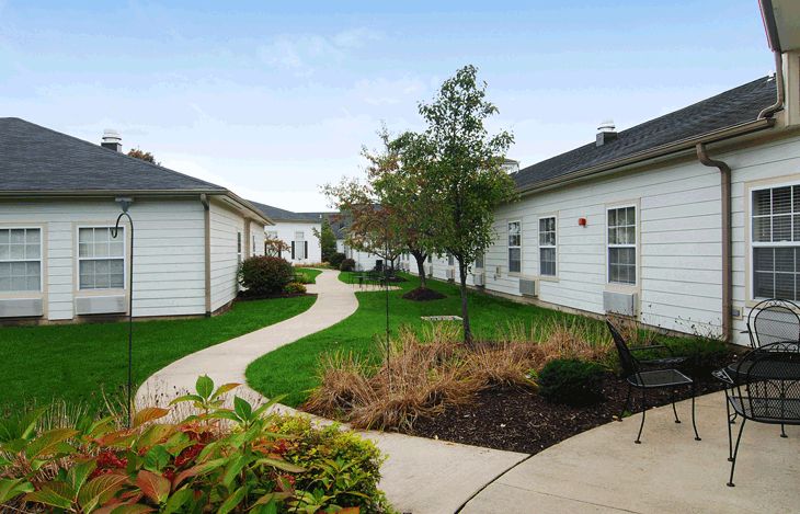 A beautifully landscaped garden with a winding pathway between two buildings.