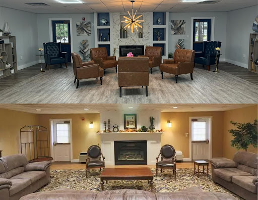 A comparison of two distinct living room styles, showcasing different furniture arrangements and color schemes.