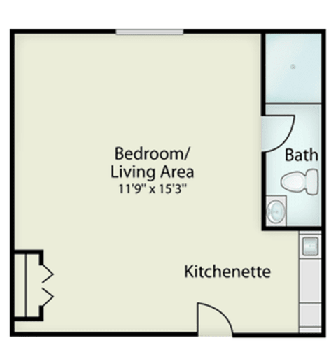 Studio apartment floor plan with a combined bedroom and living area, kitchenette, and bathroom.