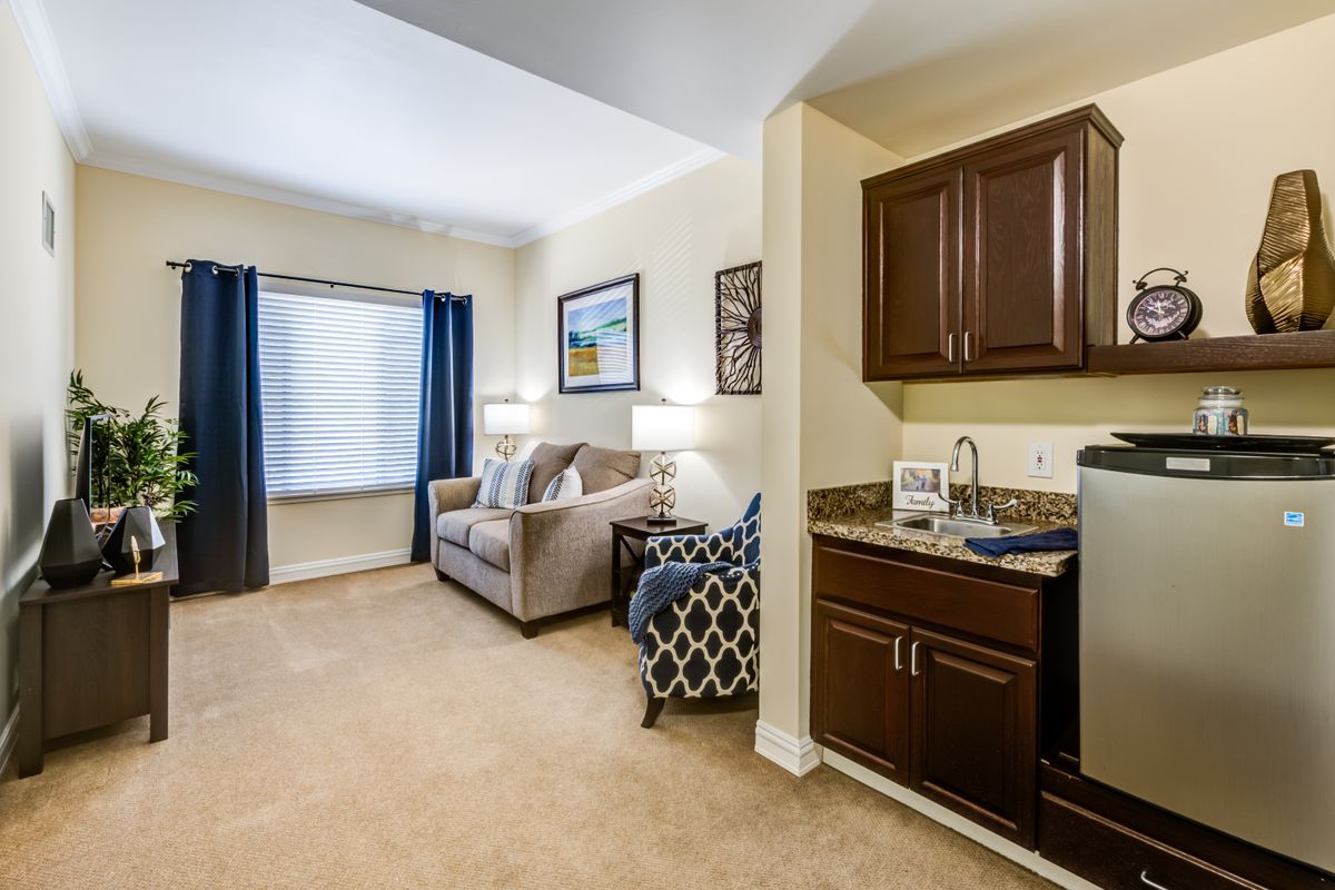 A cozy living room with a comfortable sofa, armchair, and a small kitchenette area.