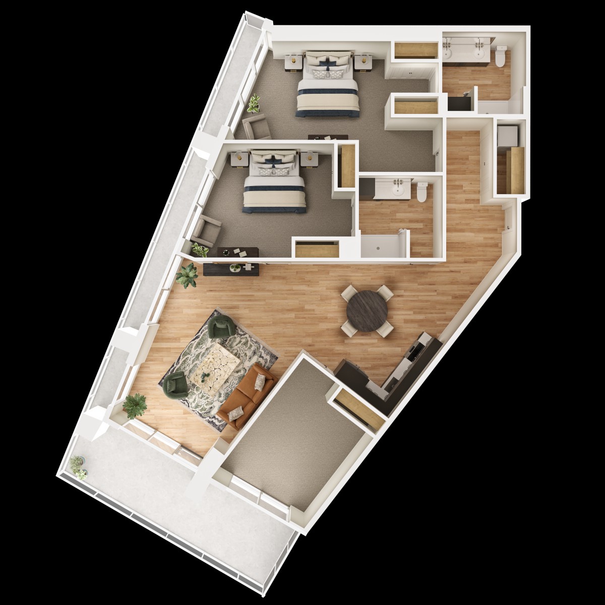 A detailed floor plan of a two-bedroom apartment featuring a living room, kitchen, and private terrace.