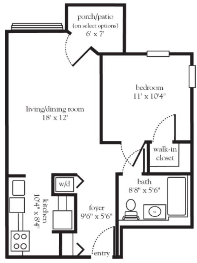 A floor plan of a one-bedroom apartment, including a living room, kitchen, bathroom, and a walk-in closet.