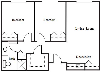 A simple floor plan of an apartment with two bedrooms, a living room, and a kitchen.