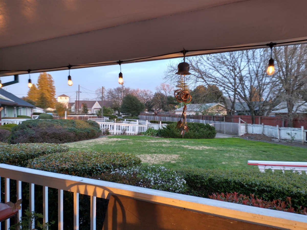 A peaceful backyard view from the porch with string lights and a well-kept lawn.