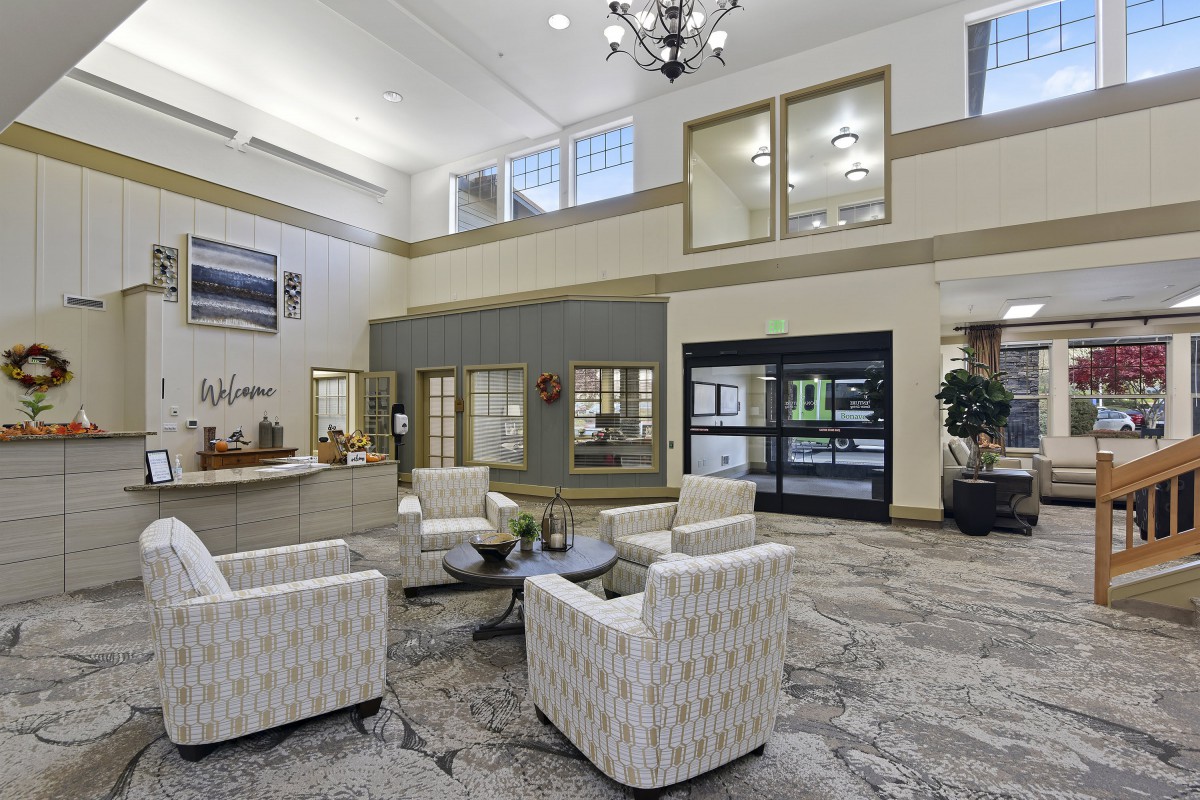 A modern lobby with comfortable seating and elegant interior design.