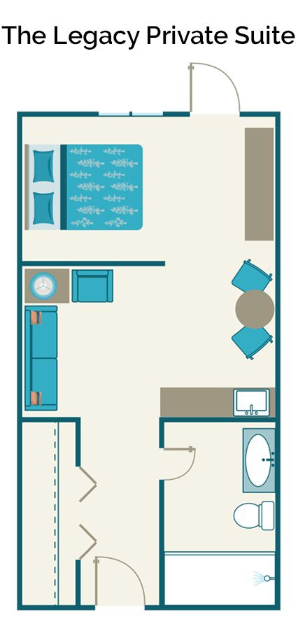 A simple studio apartment layout with designated areas for sleeping, dining, and a kitchenette.