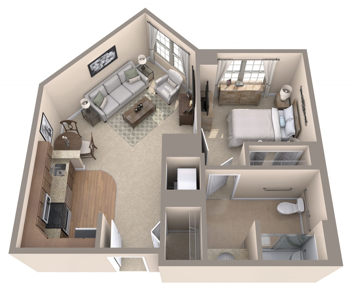 A 3D floor plan of a one-bedroom apartment featuring a living room, kitchen, and bathroom.