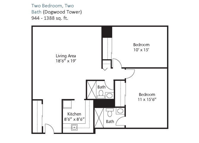 Floor plan of a two-bedroom, two-bath apartment in Dogwood Towers.