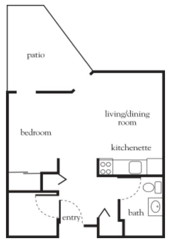 A floor plan of a one-bedroom apartment featuring a kitchenette, living/dining room, bathroom, and patio.