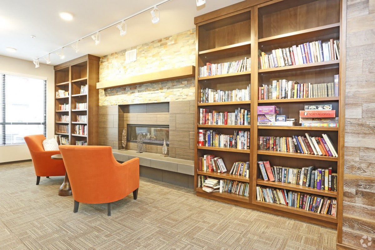 A cozy library corner with bookshelves, an orange armchair, and a fireplace.