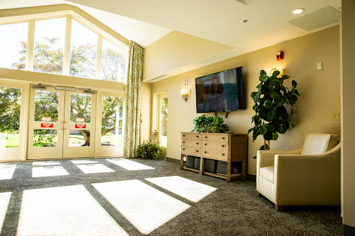 A bright and inviting lobby area featuring natural light, modern furniture, and lush greenery.