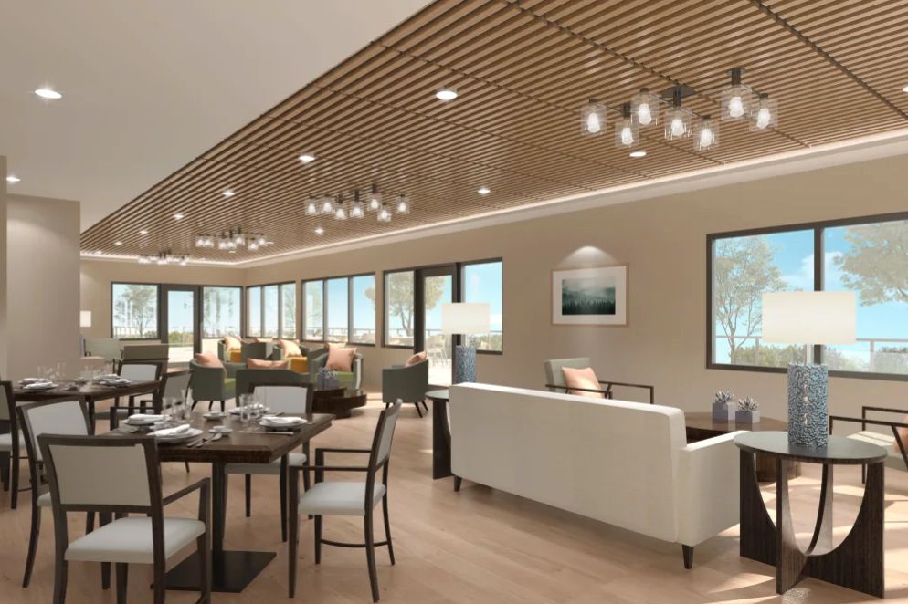 A modern open-plan living and dining area featuring a wooden ceiling, stylish lighting fixtures, and contemporary furniture.